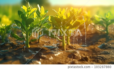Watering plants and vegetables in the field, drip irrigation, close-up, Generated AI 103287860