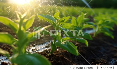 Watering plants and vegetables in the field, drip irrigation, close-up, Generated AI Watering plants and vegetables in the field, drip irrigation, close-up, Generated AI 103287861