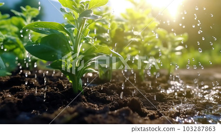 Watering plants and vegetables in the field, drip irrigation, close-up, Generated AI 103287863