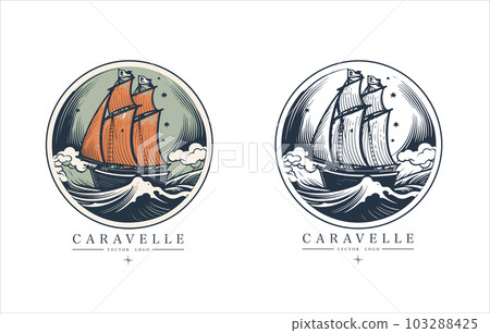 Caravelle on the water Logo vintage emblem. Old retro vector illustration marine navy icon. 103288425