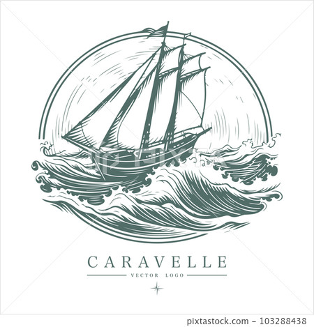 Caravelle on the water Logo vintage emblem. Old retro vector illustration marine navy icon. 103288438