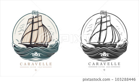 Caravelle on the water Logo vintage emblem. Old retro vector illustration marine navy icon. 103288446