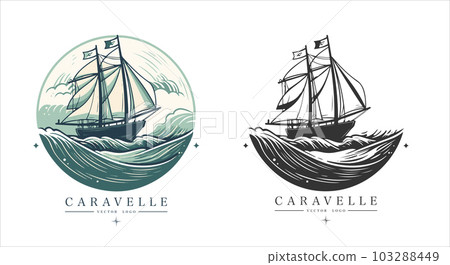 Caravelle on the water Logo vintage emblem. Old retro vector illustration marine navy icon. 103288449