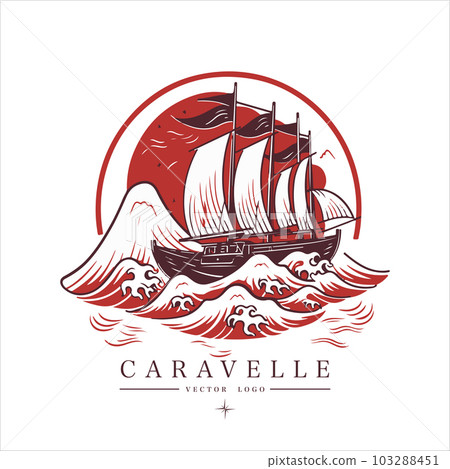 Sailing boat, caravelle, frigate on the water, vector logo emblem in asian style 103288451