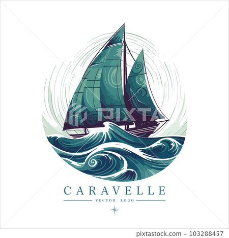 Sailing boat on the water, vector logo, colored caravelle emblem 103288457