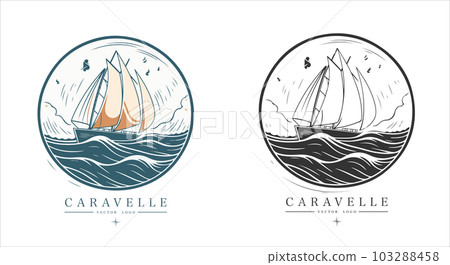 Caravelle on the water Logo vintage emblem. Old retro vector illustration marine navy icon. 103288458