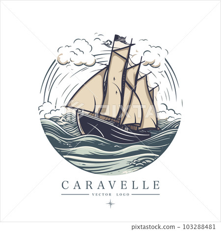 Caravelle on the water Logo vintage emblem. Old retro vector illustration marine navy icon. 103288481