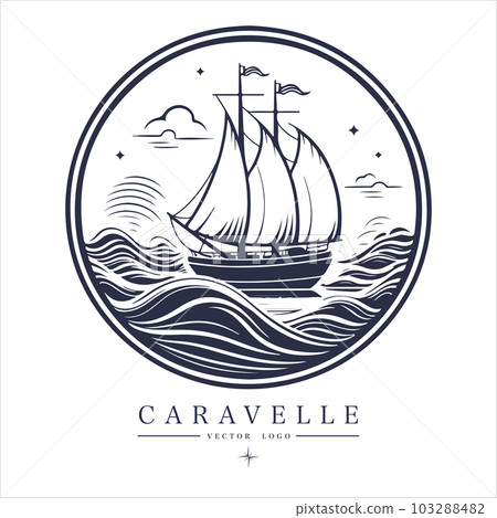 Caravelle on the water Logo vintage emblem. Old retro vector illustration marine navy icon. 103288482