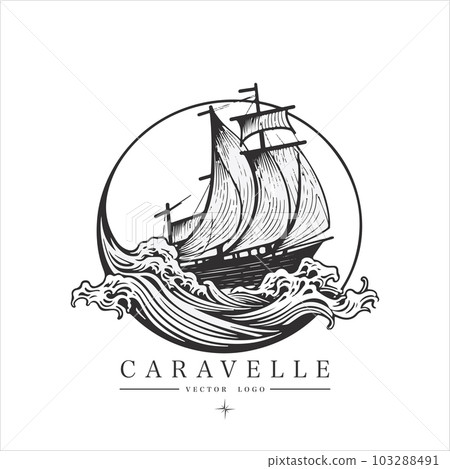 Sailing boat, caravelle, frigate on the water, vector logo emblem in asian style Sailing boat, caravelle, frigate on the water, vector logo emblem in asian style 103288491