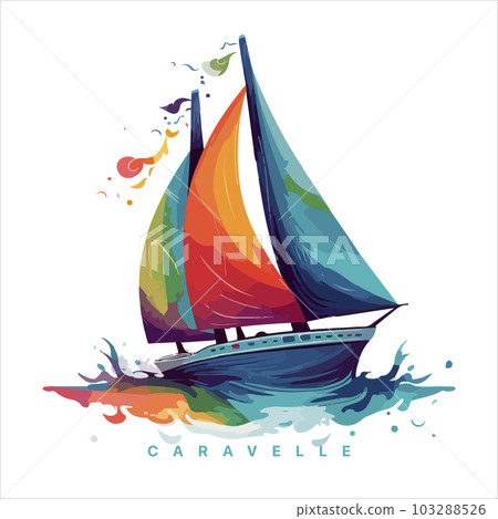 Sailing boat on the water, vector logo, colored caravelle emblem Sailing boat on the water, vector logo, colored caravelle emblem 103288526