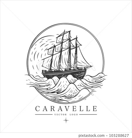 Sailing boat, caravelle, frigate on the water, vector logo emblem in asian style Sailing boat, caravelle, frigate on the water, vector logo emblem in asian style 103288627