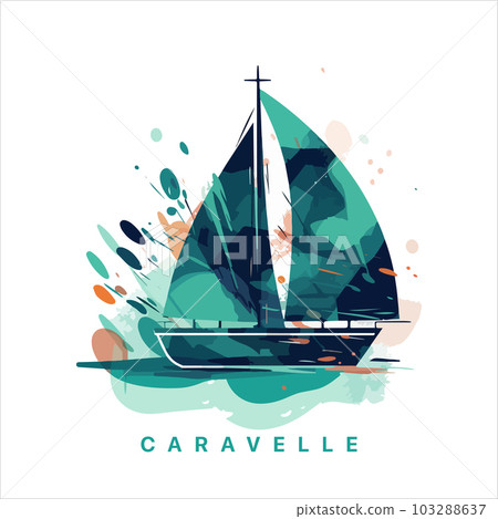 Sailing boat on the water, vector logo, colored caravelle emblem 103288637