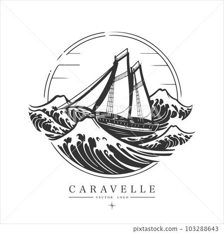 Sailing boat, caravelle, frigate on the water, vector logo emblem in asian style Sailing boat, caravelle, frigate on the water, vector logo emblem in asian style 103288643