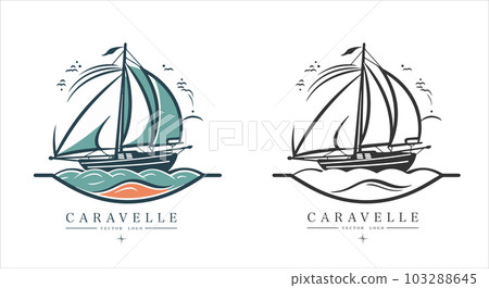 Caravelle on the water Logo vintage emblem. Old retro vector illustration marine navy icon. Caravelle on the water Logo vintage emblem. Old retro vector illustration marine navy icon. 103288645