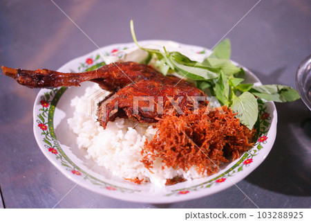 Fried duck with a sprinkles of serundeng and basil vegetables from Madura, Indonesia. Fried duck with a sprinkles of serundeng and basil vegetables from Madura, Indonesia. 103288925