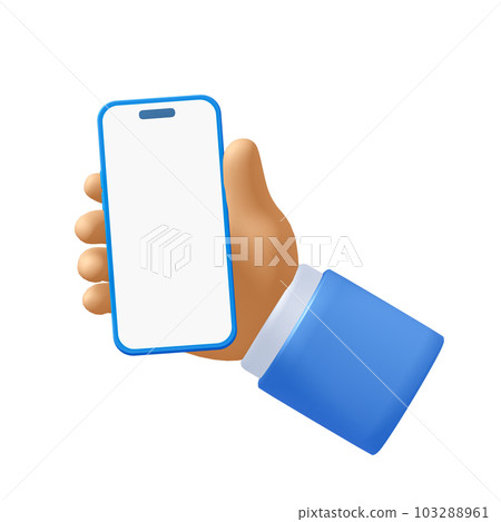 Clipping Path, Cartoon businessman character hand holding mobile phone with white screen isolated on white background, 3d rendering Clipping Path, Cartoon businessman character hand holding mobile phone with white screen isolated on white background, 3d rendering 103288961