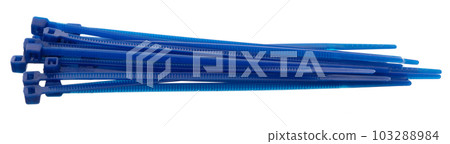 Plastic Cable tie in blue to hold cable together or wrap around things for electrician, maintenance, repair man. Close up Plastic Cable tie small size, white background isolated 103288984