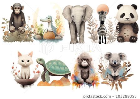 Watercolor set of Cute Baby panda, turtle, gorilla, elephant, kitten, zebra, crocodile, koala, chimpanzee Safari Animals. Cartoon animal for decoration design. Cute animals vector set. Hand-drawn 103289353