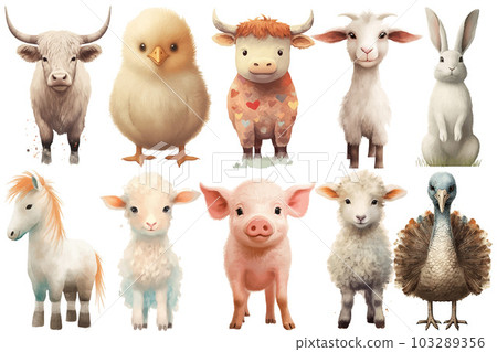 Watercolor set of Cute Baby pig, chicken, cow, turkey, bull, lamb, sheep, horse, goat, rabbit Safari Animals. Cartoon animal for decoration design. Cute animals vector set. Hand-drawn watercolor 103289356