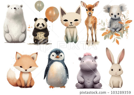 Watercolor set of Cute Baby cat, bear, deer, fox, rabbit, penguin, koala, panda, hippo Safari Animals. Cartoon animal for decoration design. Cute animals vector set. Hand-drawn watercolor illustration 103289359