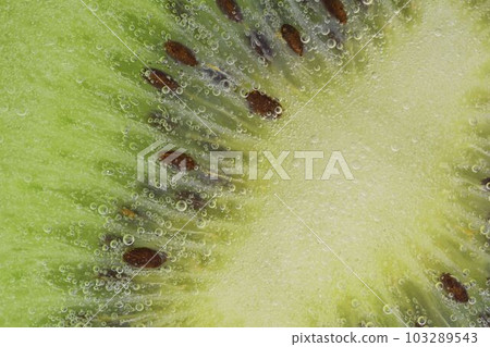 Close-up of a kiwi fruit slice in liquid with bubbles. Slice of ripe kiwi fruit in water. Close-up of fresh kiwi slice covered by bubbles. Macro horizontal image. 103289543