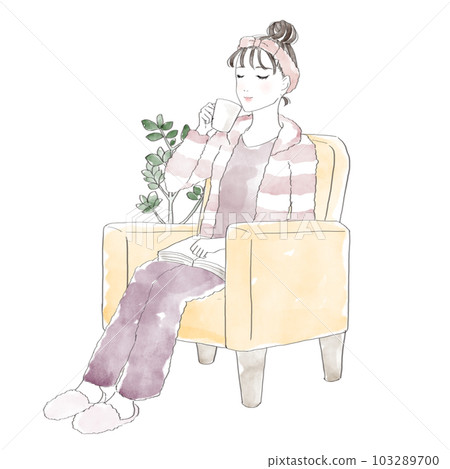 A woman wearing loungewear relaxing on a sofa A woman wearing loungewear relaxing on a sofa 103289700