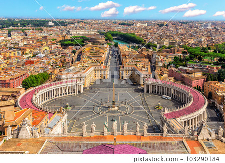Vatican skyline view and statues on the top of St Peter's Basilica, Rome, Italy Vatican skyline view and statues on the top of St Peter's Basilica, Rome, Italy 103290184