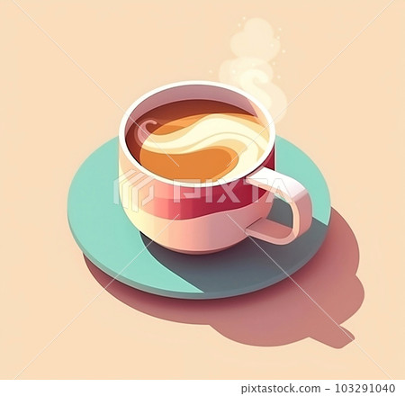 Hot cup of coffee with milk,creativity isometric 3D art illustration with dreamy summer color palette, minimalistic design, generative ai 103291040