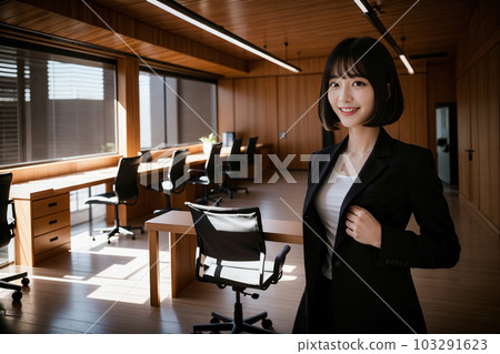 A woman smiling refreshingly with a wood-grained office in the background AI generated A woman smiling refreshingly with a wood-grained office in the background AI generated 103291623