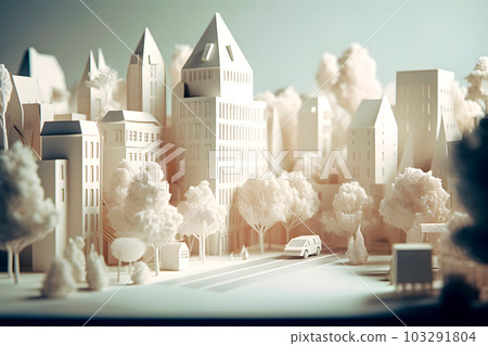 Front view of Town in forest, monochrome 3D paper cut style, ecology concept, generative ai 103291804