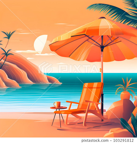 Sea Beach with umbrella in flat style, summer vacation concept, generative ai Sea Beach with umbrella in flat style, summer vacation concept, generative ai 103291812