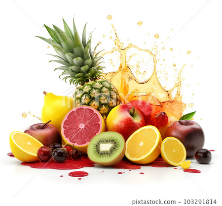 Tropical Fruits with juice splash on white background, fruits explosion concept, generative ai Tropical Fruits with juice splash on white background, fruits explosion concept, generative ai 103291814