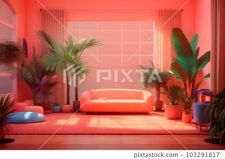 Interior of living room in modern style with window and sofa, generative ai 103291817