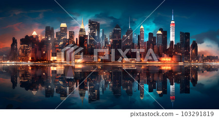 Fantastic New York city at night near river, urban romantic concept, generative ai Fantastic New York city at night near river, urban romantic concept, generative ai 103291819