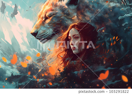 Abstract concept of Lion and Girl, atmospheric power concept in watercolor style, generative ai Abstract concept of Lion and Girl, atmospheric power concept in watercolor style, generative ai 103291822