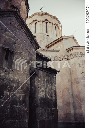 Ancient church walls with spires cityscape concept photo. 103292074
