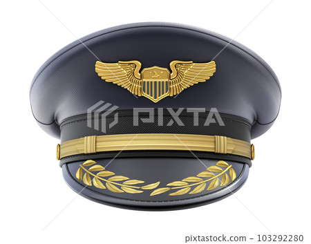 Front view of civil pilot hat with the badge isolated on white background Front view of civil pilot hat with the badge isolated on white background 103292280