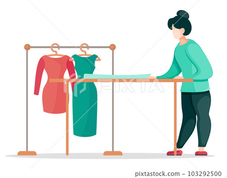 Sewing workshop, custom clothing. Fashion designer is making a model. Fashion house, textile factory Sewing workshop, custom clothing. Fashion designer is making a model. Fashion house, textile factory 103292500