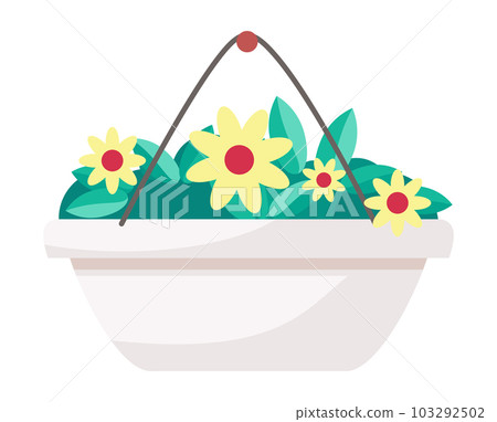 Hanging ceramic pot with yellow flowers isolated at white background, outdoor plant concept Hanging ceramic pot with yellow flowers isolated at white background, outdoor plant concept 103292502