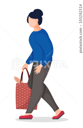 Cartoon faceless character, woman bring bag with baguette or bread from shop, food purchase 103292514