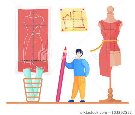 Designer with pencil near mannequin with dress, looking at dress pattern, sewing workshop concept 103292532