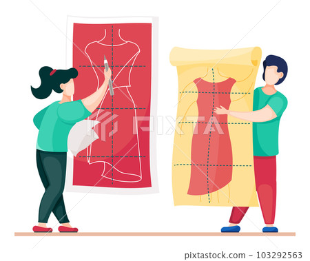 Designers working at model of new dress sewers choose pattern of model of dress, isolated characters 103292563