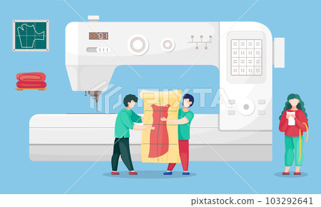 Designers with dress sketch, sewer contol process of dressmaking, woman with measure tape and notes Designers with dress sketch, sewer contol process of dressmaking, woman with measure tape and notes 103292641