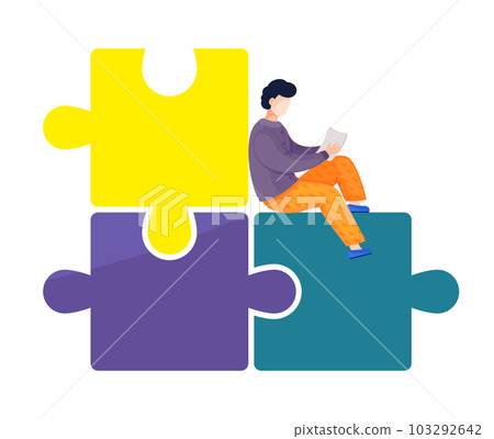 Office worker sitting at huge puzzle holding business report or plan in hands at white background Office worker sitting at huge puzzle holding business report or plan in hands at white background 103292642