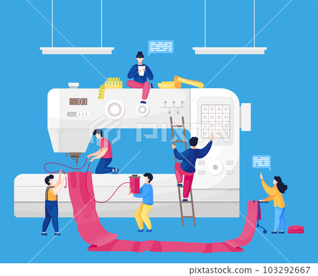Vector team tiny fashion dressmakers create outfit on big sewing machine, creative atelier Vector team tiny fashion dressmakers create outfit on big sewing machine, creative atelier 103292667