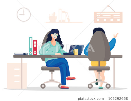 Vector illustration of two colleagues discussing a new project or startup in the office, teamwork 103292668