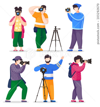 Set of photographers taking photos, woman and men with digital zooming cameras making pictures 103292670