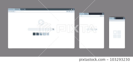 Browser page. Website windows. Internet service UI. Mobile interface. URL address and search tab bar. Menu option buttons. Phone or computer screens. Vector desktop web templates set 103293230