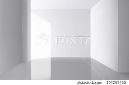 3d white background, studio scene. Minimal showcase render, pastel grey wall in perspective, architecture backdrop. Backdrop for product presentation with light and shadows vector illustration 103293260