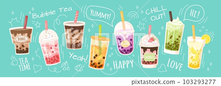 Bubble tea, coffee drink. Doodle cup of ice milk, milkshake in glasses, cute cartoon beverages for cafe menu, dessert ad, cold summer chocolate. Horizontal banner vector fashion background 103293277